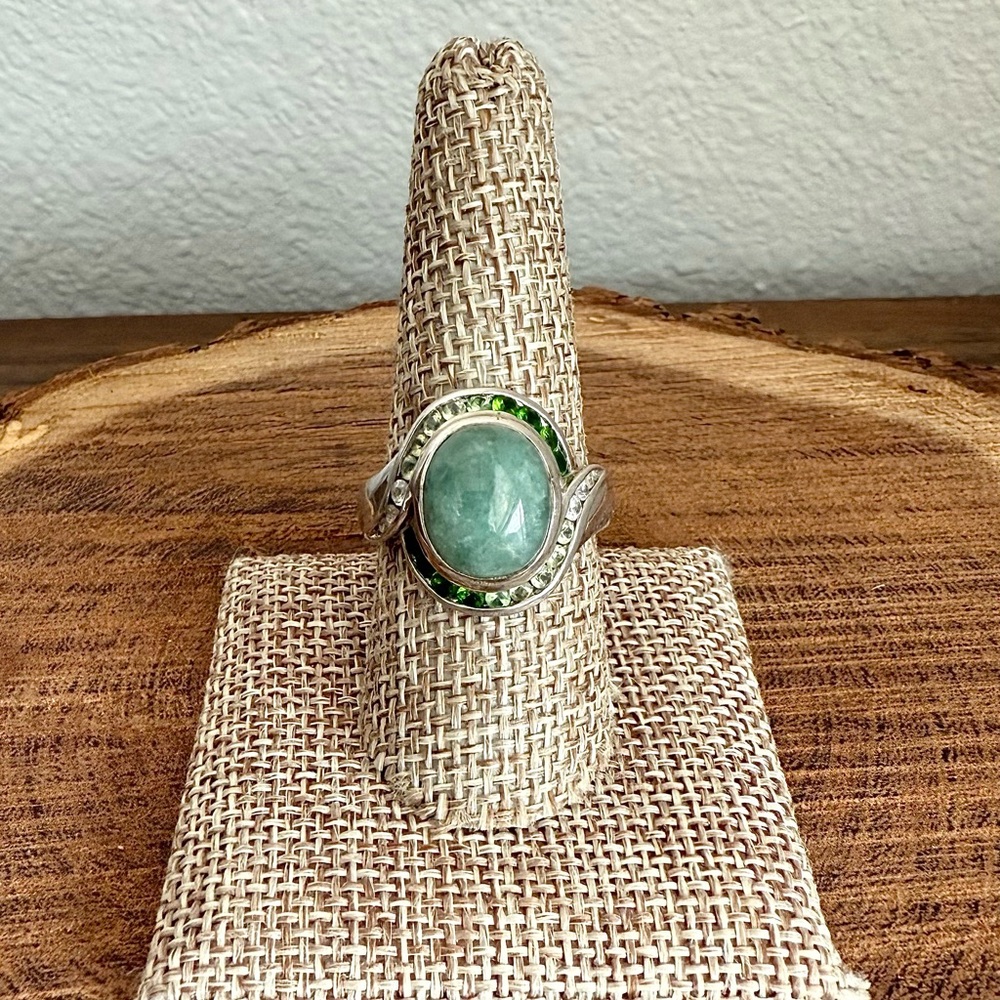 Green Aventurine and Tourmaline Gemstone and Sterling Silver Ring Size 9